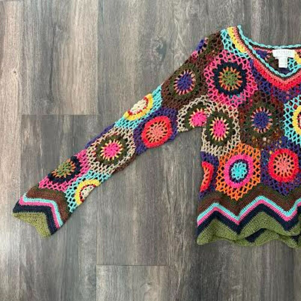 Vintage Express Tricot Open Knit Sweater Bright Floral Patchwork V-Neck Size Lg - Picture 4 of 8